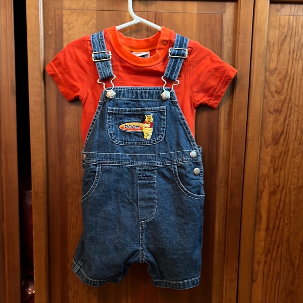 Disney Pooh Blue Overalls with Bright Red Tee